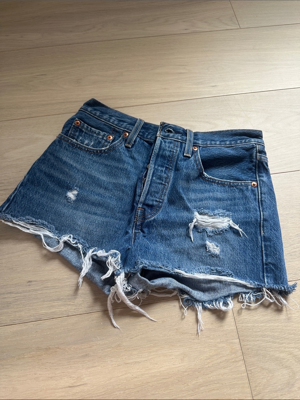 Denim Distressed High-Waist Women's Shorts - Blue - Picture 2 of 3